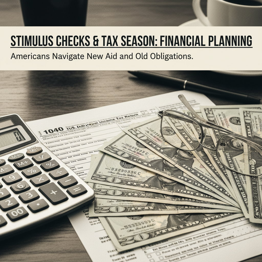 AI 생성 이미지 (gemini): A close-up photo of US dollar bills and a tax form on a wooden desk, with a calculator and a pair of...