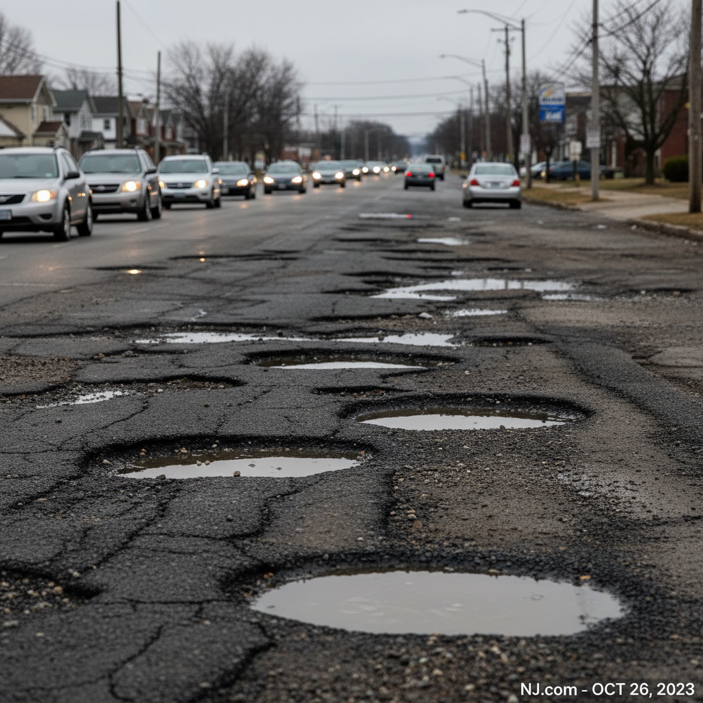 AI 생성 이미지 (gemini): A photo of a damaged asphalt road with potholes in New Jersey, cars driving in the background, overc...