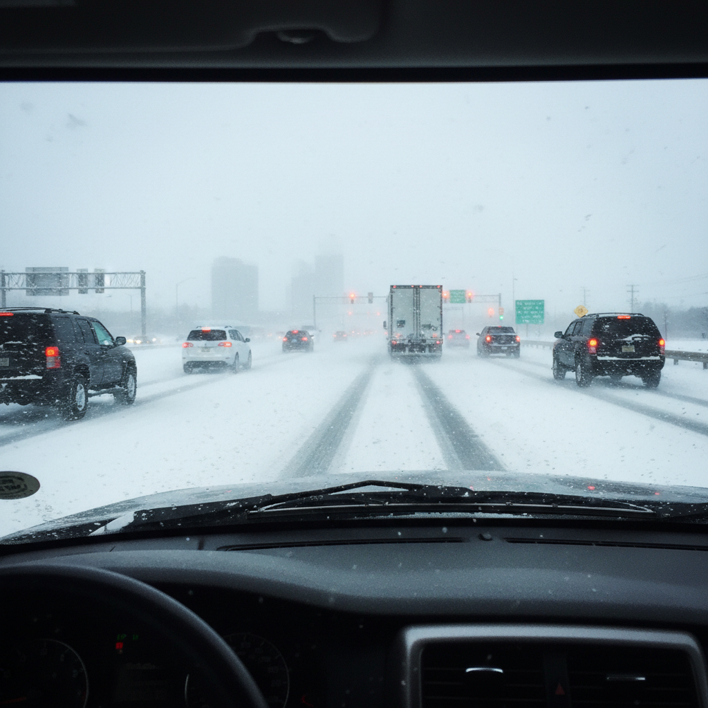 AI 생성 이미지 (gemini): Cars driving on a snowy highway during a winter storm, hazardous road conditions, heavy snowfall, ci...