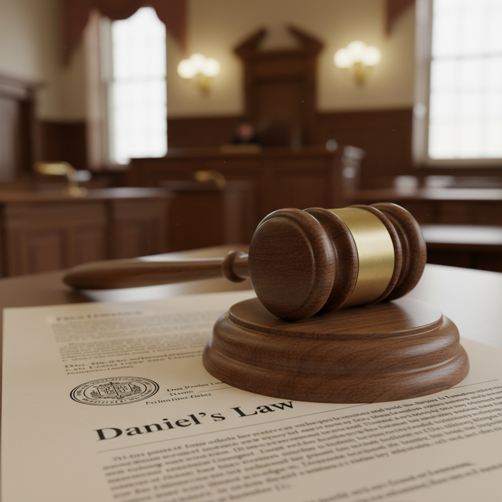 AI 생성 이미지 (gemini): A close-up photo of a wooden gavel resting on a legal document with the text 'Daniel's Law' visible,...