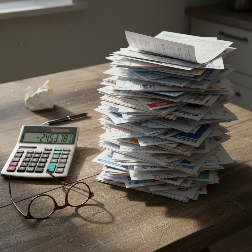 AI 생성 이미지 (gemini): A close-up, high-angle shot of a stack of utility bills on a wooden kitchen table, with a calculator...