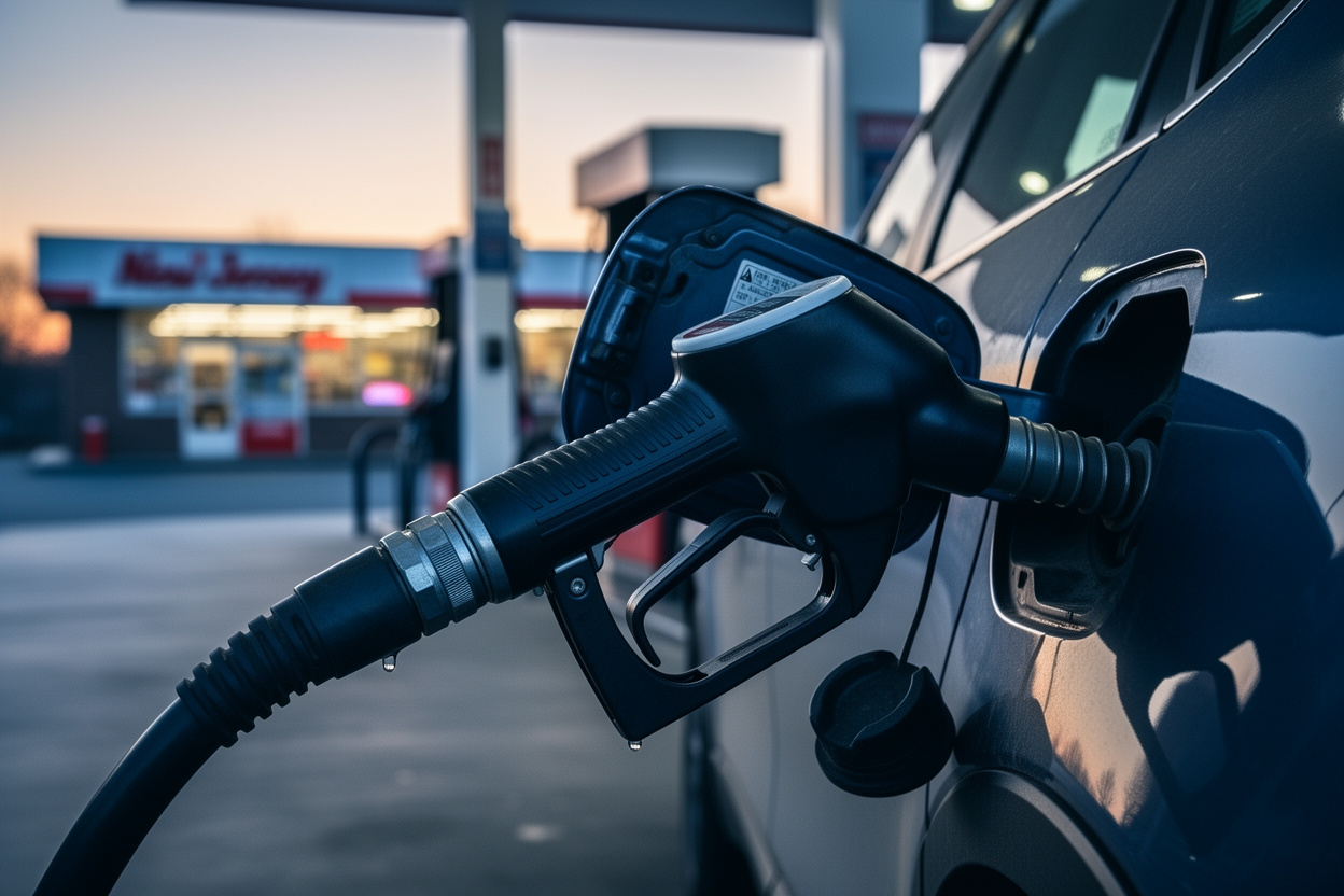 AI 생성 이미지 (flux-2-flex): A close-up shot of a gas pump nozzle filling a car's tank at a New Jersey gas station, early morning...