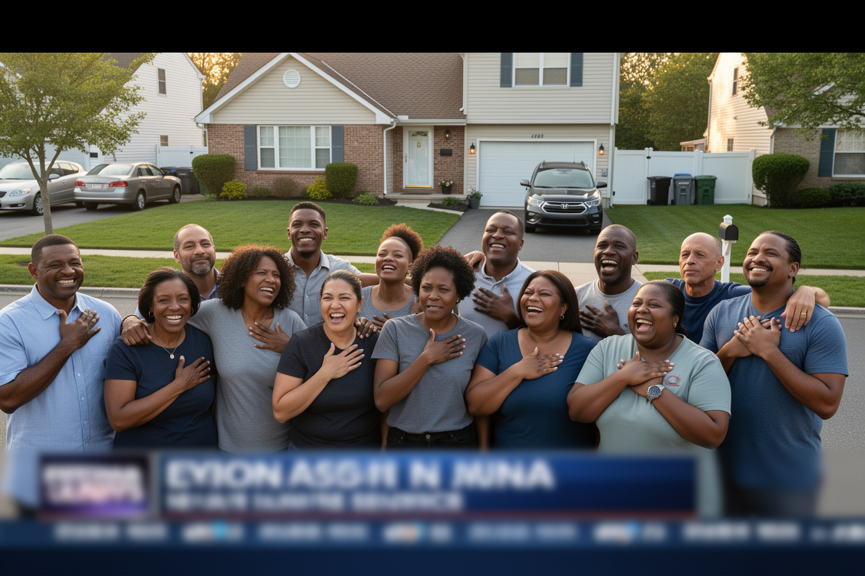AI 생성 이미지 (flux-2-flex): A diverse group of New Jersey residents looking relieved and happy, with a suburban New Jersey house...