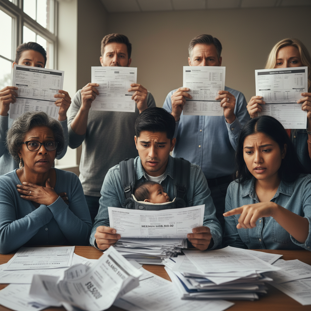AI 생성 이미지 (gemini-2.5-flash-image): A diverse group of concerned people looking at their health insurance bills, worried expressions, re...