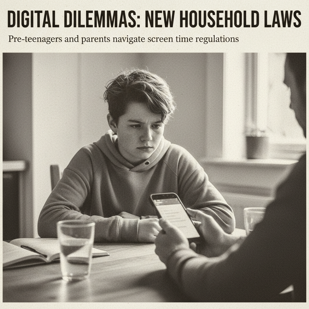 AI 생성 이미지 (gemini-2.5-flash-image): Newspaper style photo, a thoughtful pre-teen looking at a smartphone held by a parent, conveying a s...