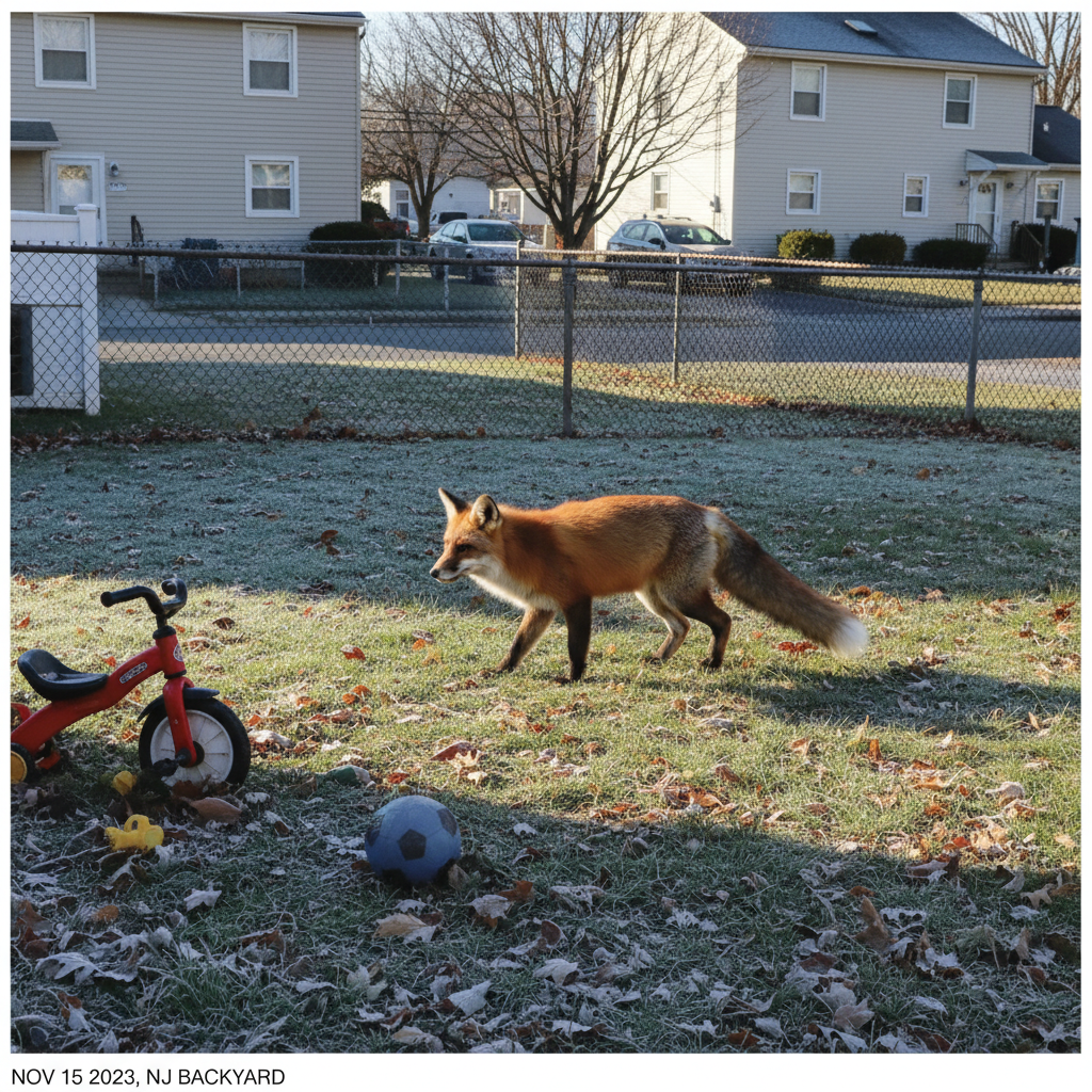 AI 생성 이미지 (gemini-2.5-flash-image): A red fox cautiously walking through a suburban backyard in New Jersey during the daytime, news phot...