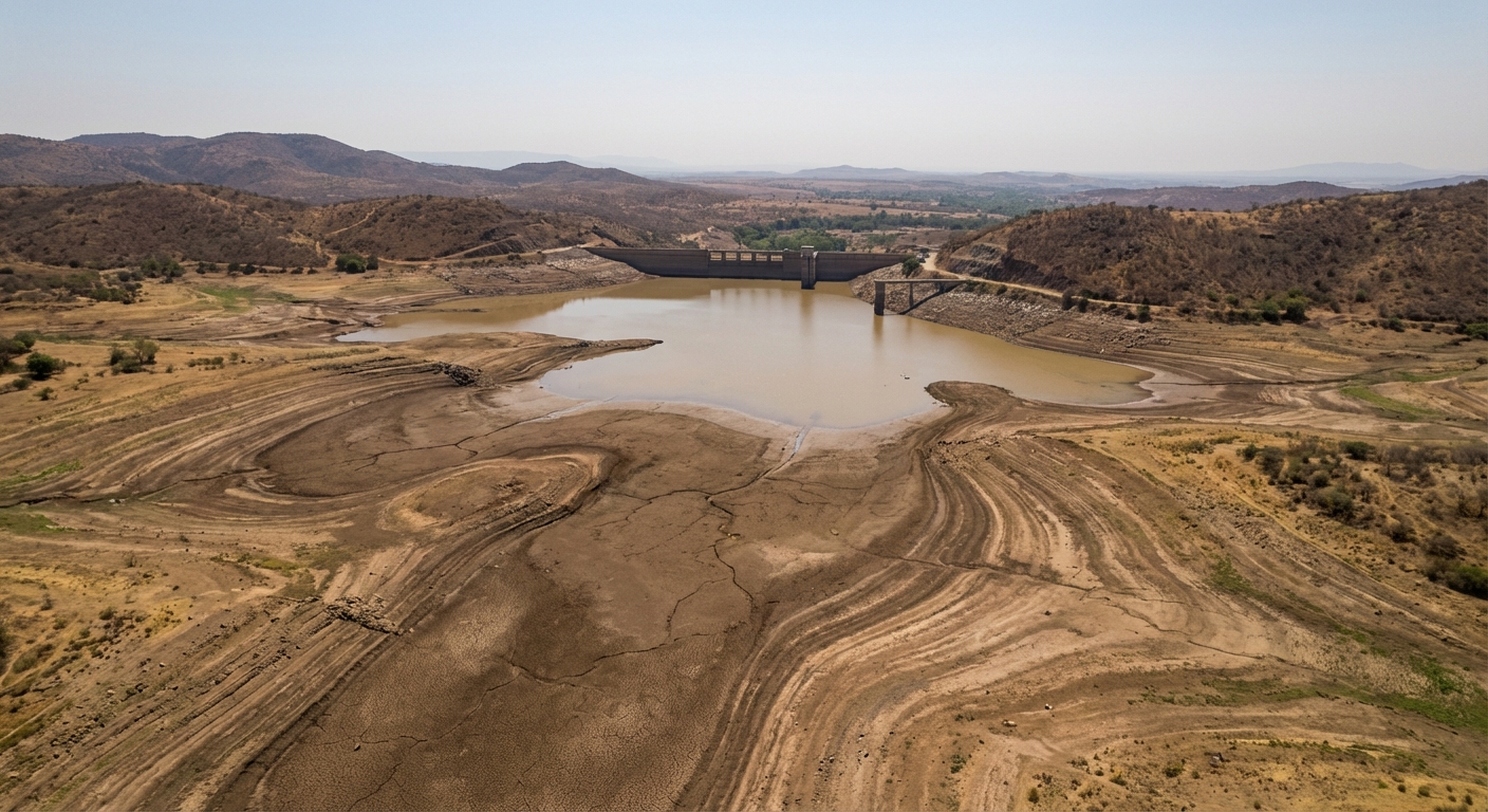 AI 생성 이미지 (models/nano-banana-pro-preview): dry reservoir low water level drought landscape aerial view