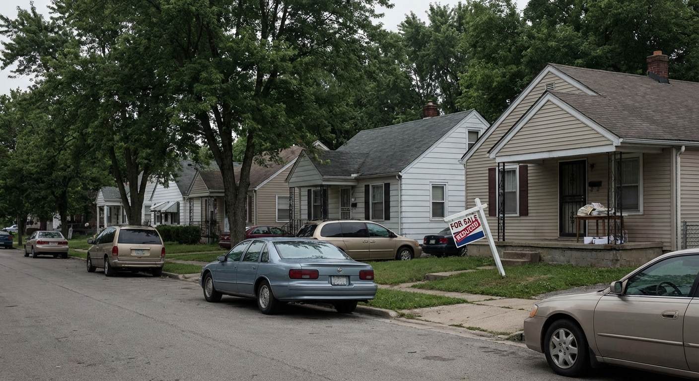 AI 생성 이미지 (gemini-3-pro-image-preview): suburban neighborhood street with houses and cars, property tax concept, residential area, American ...