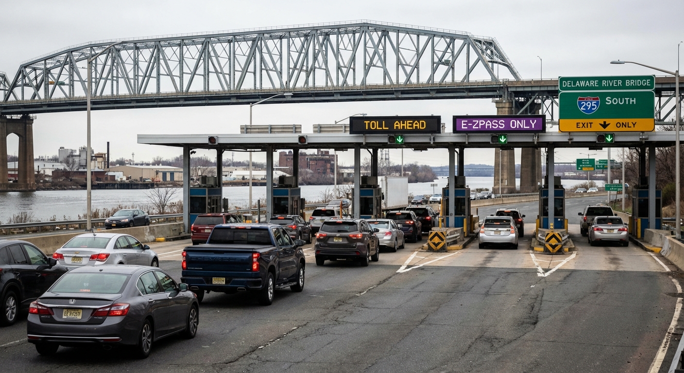 AI 생성 이미지 (models/nano-banana-pro-preview): New Jersey Delaware River bridge toll plaza with cars passing through, highway infrastructure, docum...