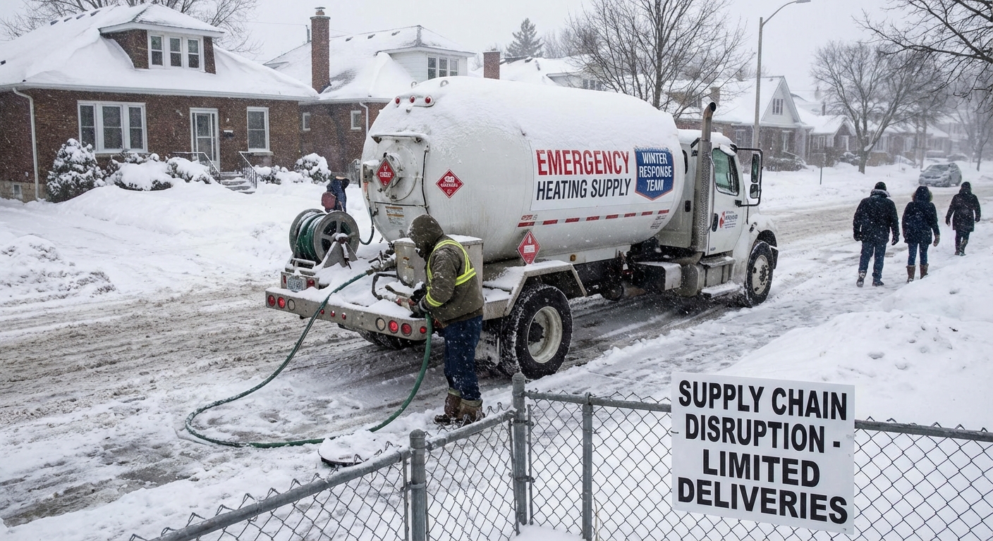 AI 생성 이미지 (gemini-3-pro-image-preview): propane gas tank delivery truck winter residential heating emergency supply chain disruption cold we...