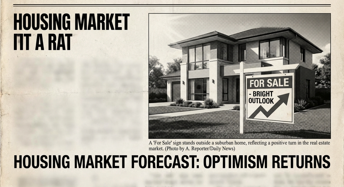 AI 생성 이미지 (models/nano-banana-pro-preview): Newspaper style photo, a modern suburban house with a 'For Sale' sign, representing the housing mark...