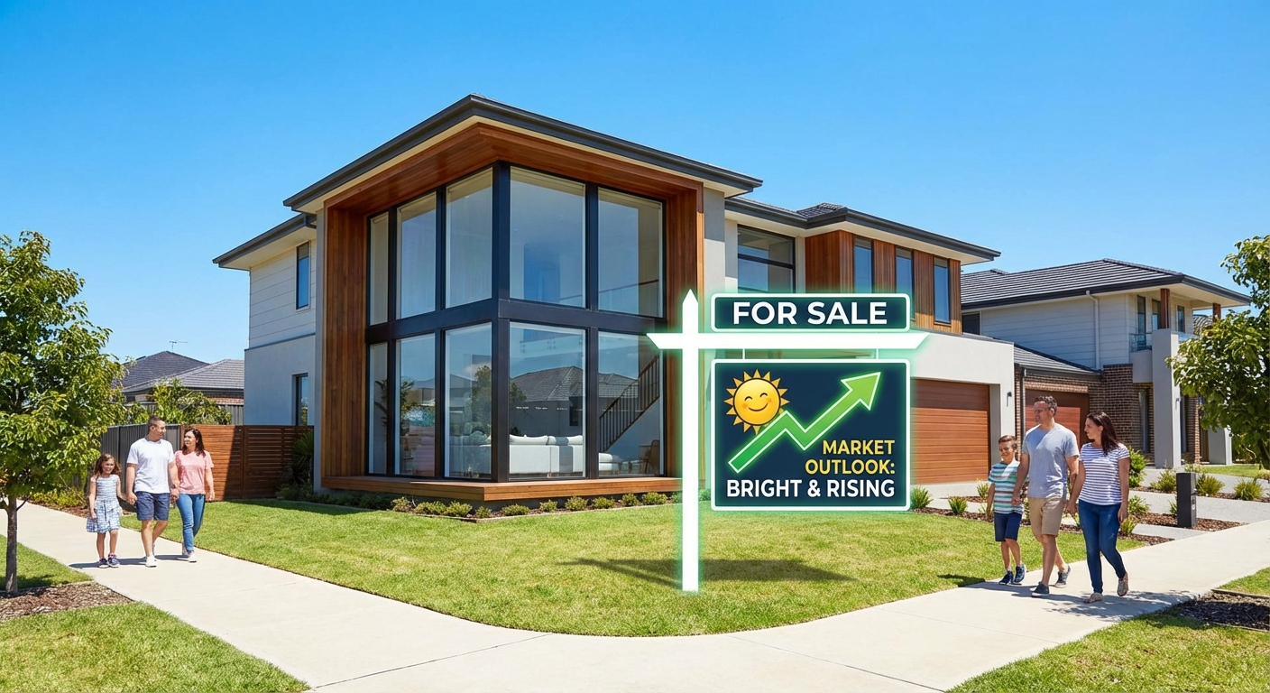 AI 생성 이미지 (gemini-3-pro-image-preview): a modern suburban house with a 'For Sale' sign, representing the housing market forecast, optimistic...