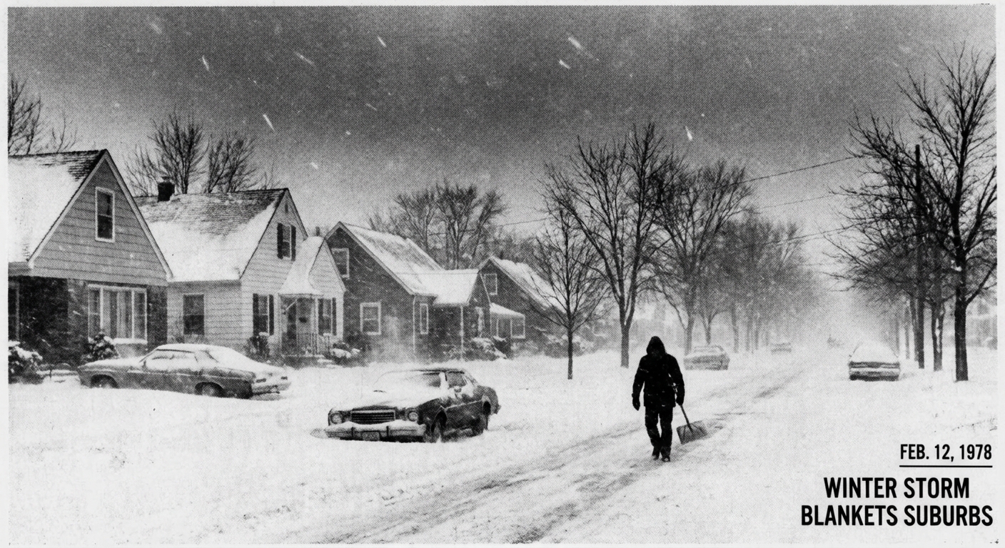 AI 생성 이미지 (models/nano-banana-pro-preview): winter storm snow falling on suburban neighborhood houses and roads, cold weather scene, snowflakes ...