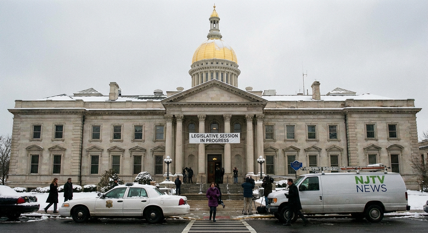 AI 생성 이미지 (models/nano-banana-pro-preview): A photo of the New Jersey State House building in Trenton during winter, exterior view, legislative ...