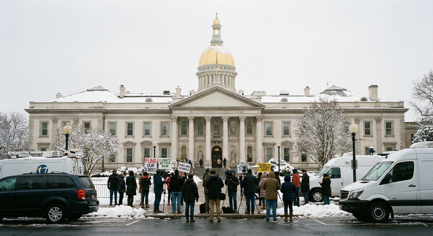 AI 생성 이미지 (models/nano-banana-pro-preview): A photo of the New Jersey State House building in Trenton during winter, exterior view, legislative ...