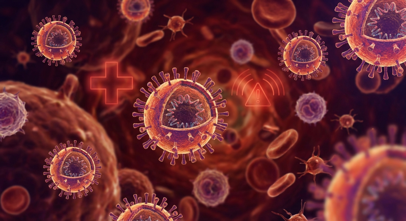 AI 생성 이미지 (models/nano-banana-pro-preview): A conceptual illustration of influenza virus cells floating in a microscopic view, with a red warnin...