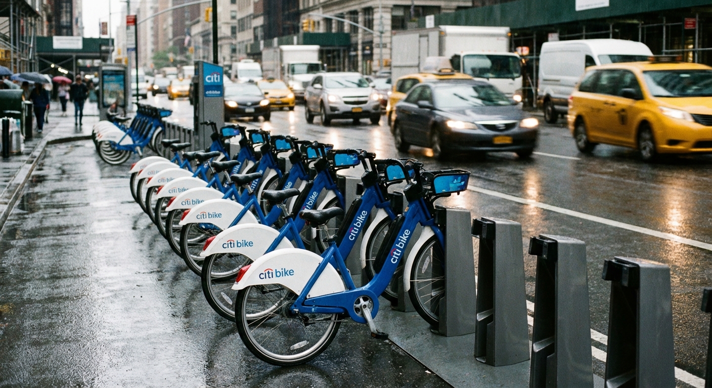 AI 생성 이미지 (models/nano-banana-pro-preview): A photojournalistic image showing a row of Citi Bike e-bikes parked at a docking station on a city s...