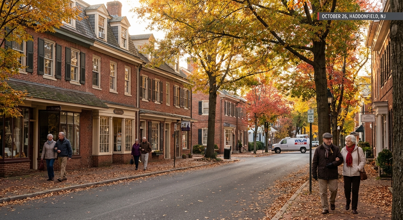 AI 생성 이미지 (models/nano-banana-pro-preview): A scenic view of a peaceful New Jersey town street with elderly couples walking, autumn trees, histo...