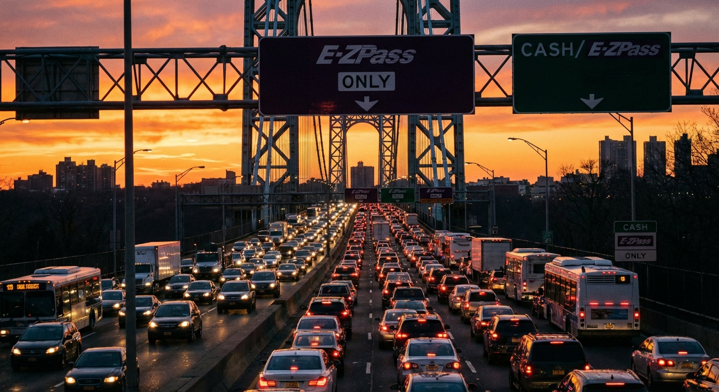 AI 생성 이미지 (models/nano-banana-pro-preview): A professional news photograph of the George Washington Bridge with heavy traffic during sunset, foc...
