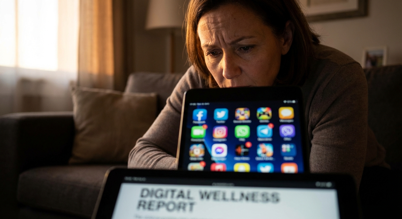 AI 생성 이미지 (models/nano-banana-pro-preview): A concerned parent looking at a smartphone screen with various colorful app icons, cinematic lightin...