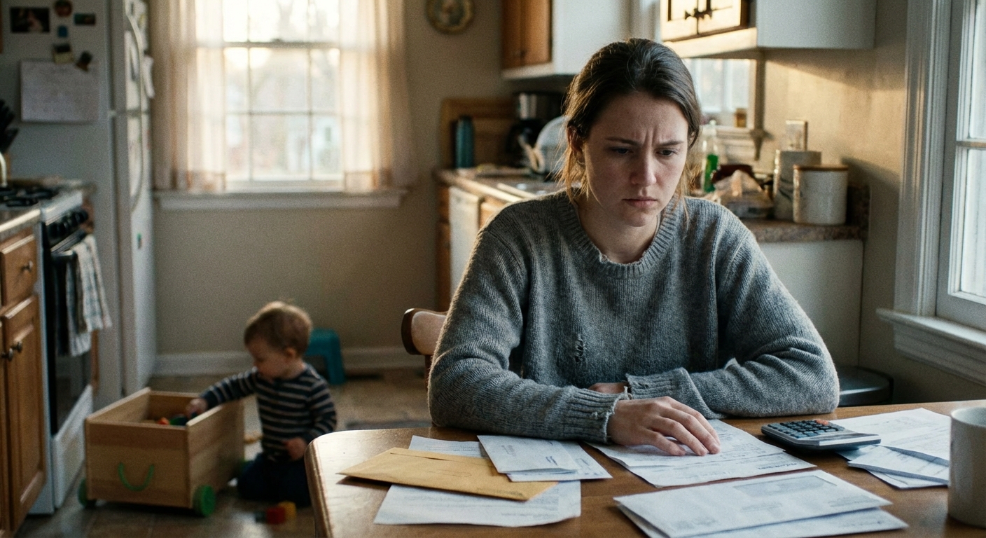 AI 생성 이미지 (models/nano-banana-pro-preview): A young parent sitting at a kitchen table looking at a calculator and bills with a small child playi...