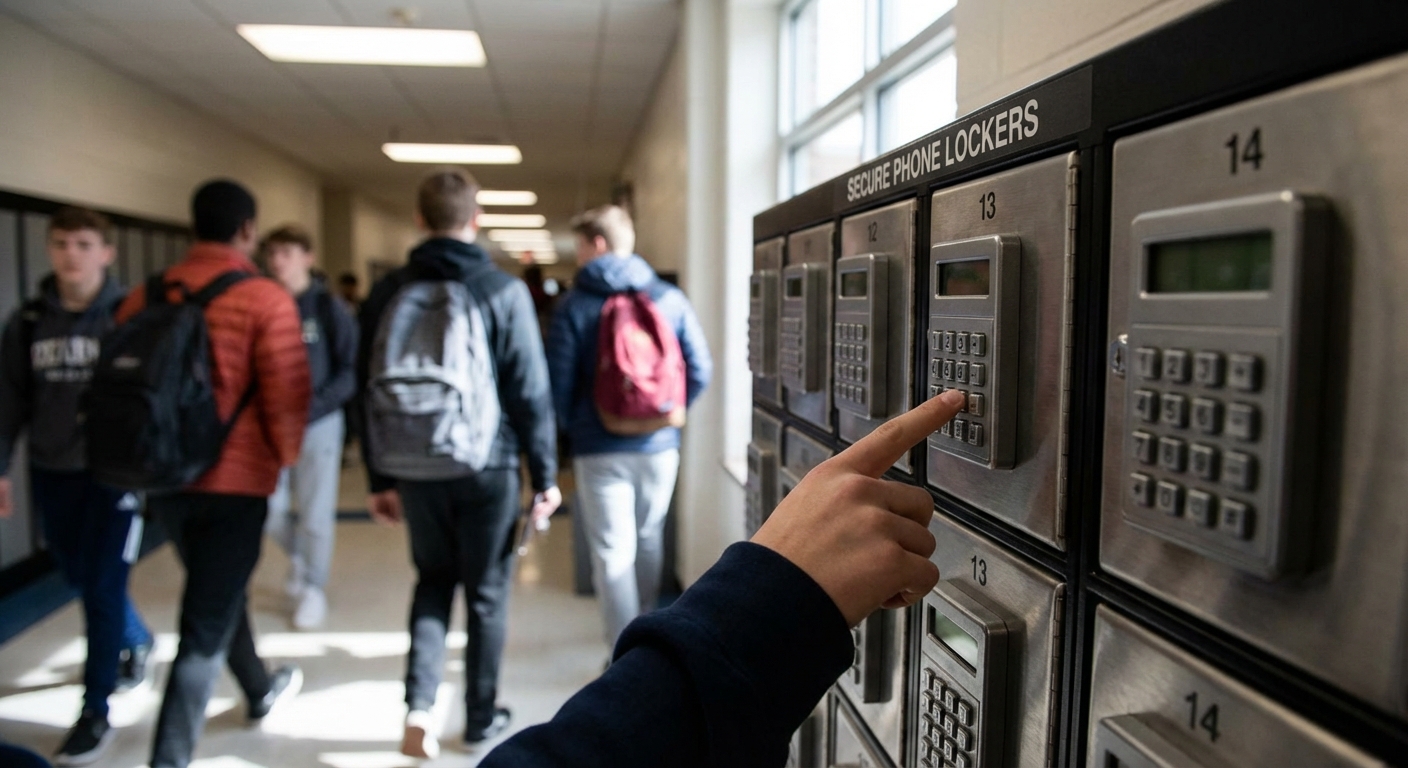 AI 생성 이미지 (models/nano-banana-pro-preview): A high school hallway with a row of secure lockers specifically designed for cell phones, close up s...