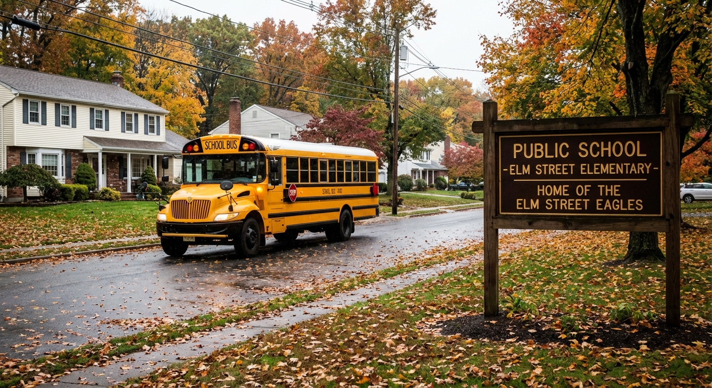 AI 생성 이미지 (models/nano-banana-pro-preview): A yellow school bus driving on a suburban road in New Jersey, passing by a sign that says Public Sch...