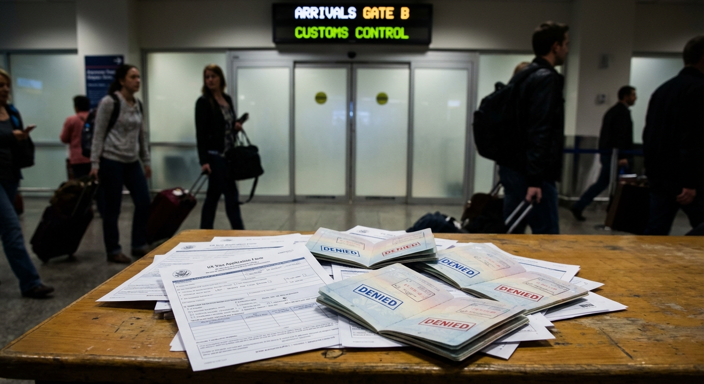 AI 생성 이미지 (models/nano-banana-pro-preview): A photojournalistic image showing a pile of US visa application forms and passports stamped with 'DE...