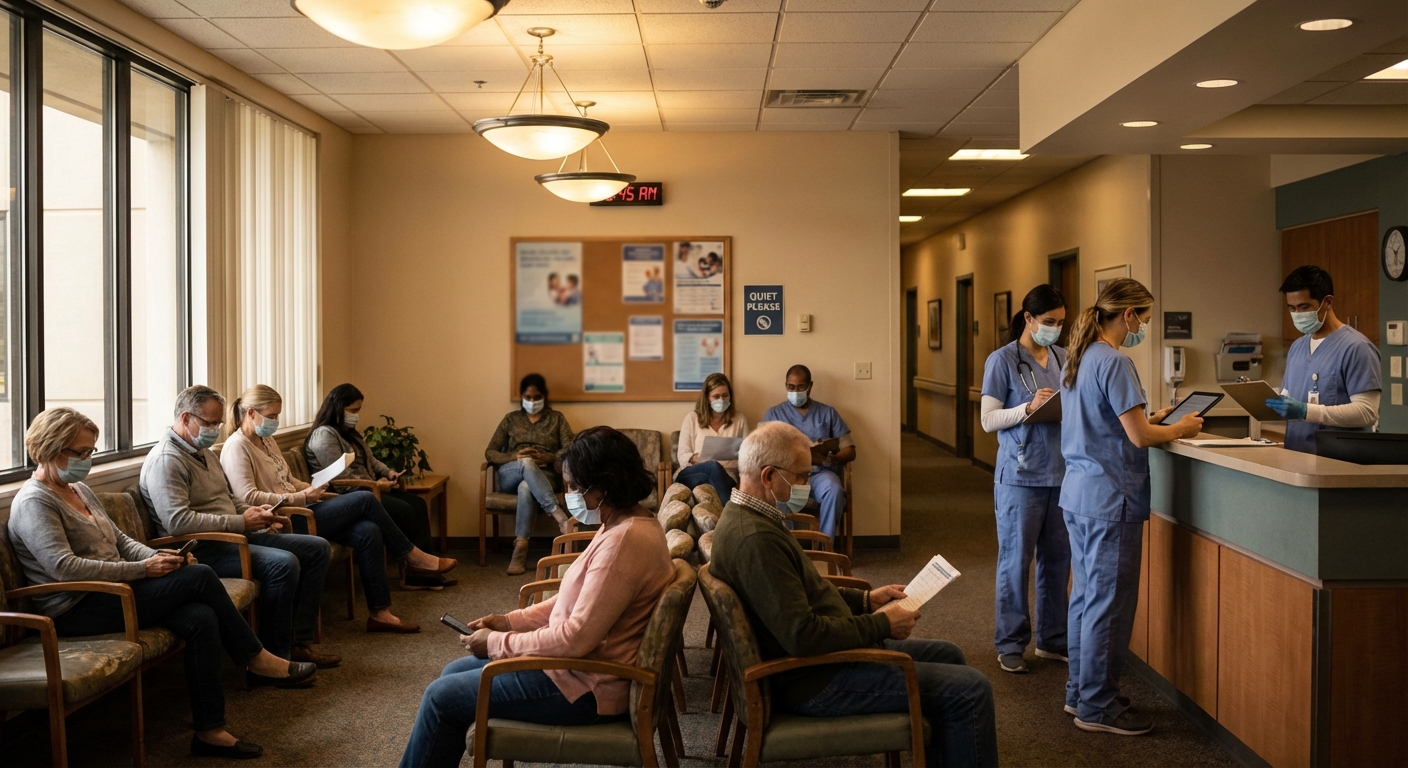 AI 생성 이미지 (models/nano-banana-pro-preview): A busy hospital waiting room scene with patients wearing masks, medical staff checking charts, blurr...