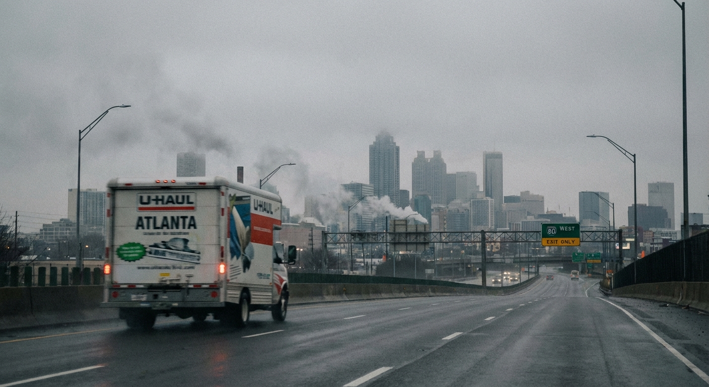 AI 생성 이미지 (models/nano-banana-pro-preview): A photojournalistic image showing a moving truck driving away on a highway with a blurred city skyli...