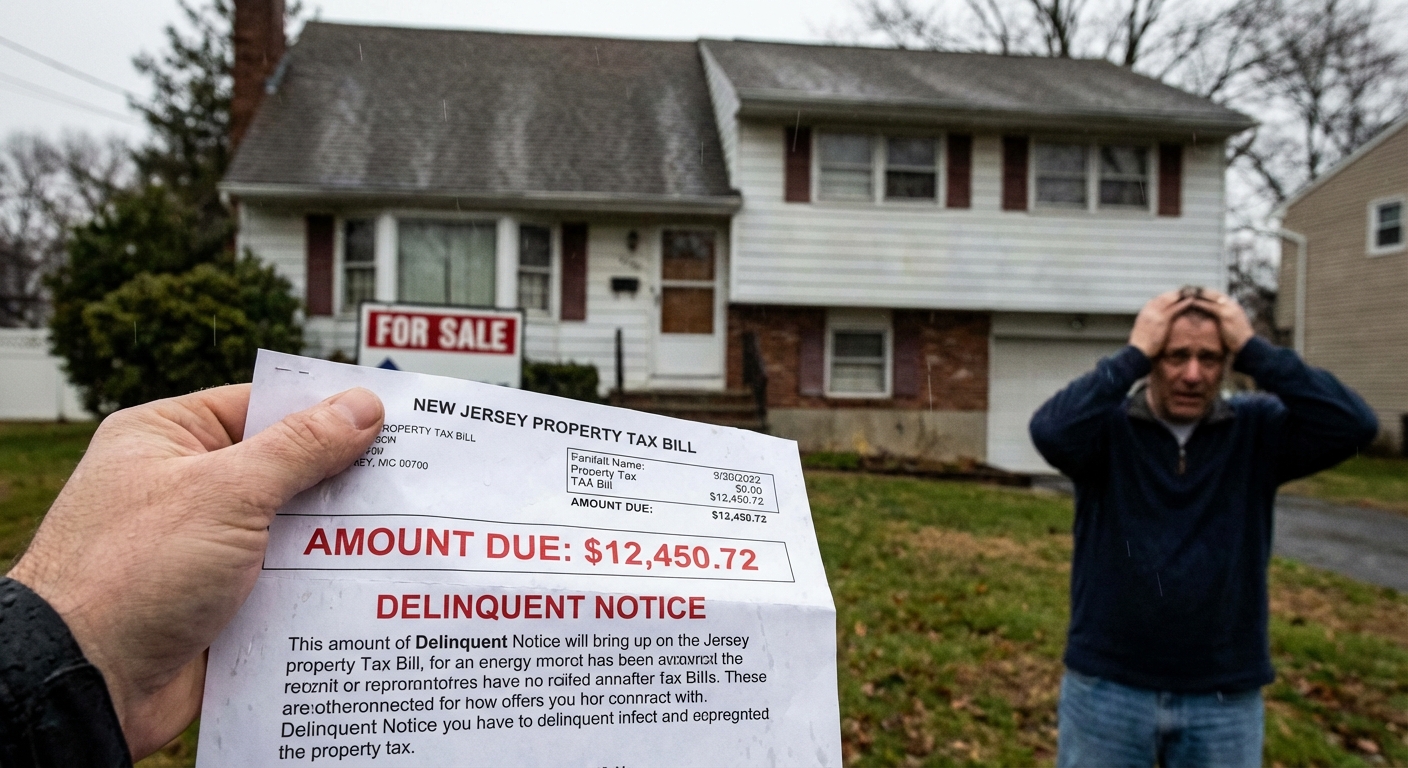 AI 생성 이미지 (models/nano-banana-pro-preview): A photo of a suburban house in New Jersey with a property tax bill document in the foreground, reali...