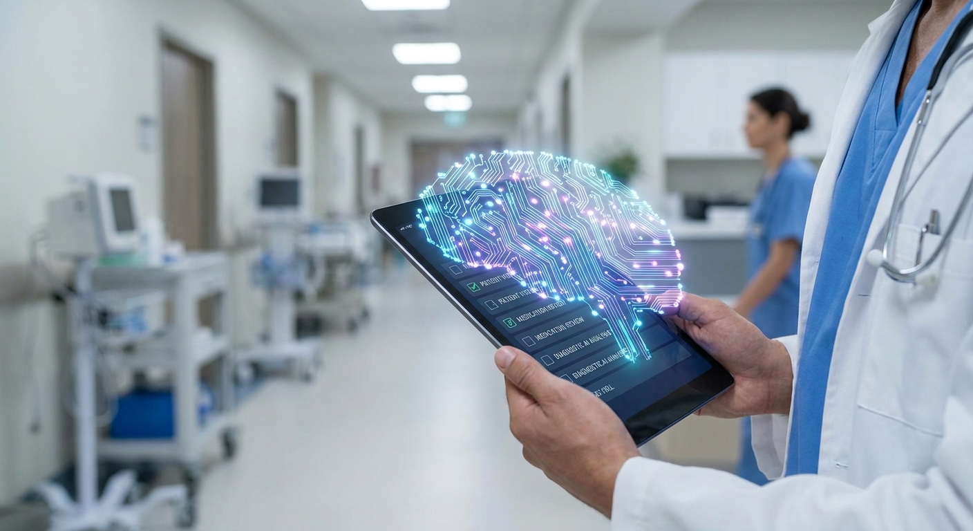 AI 생성 이미지 (models/nano-banana-pro-preview): A conceptual photo of a doctor reviewing a digital tablet screen displaying a medical checklist with...