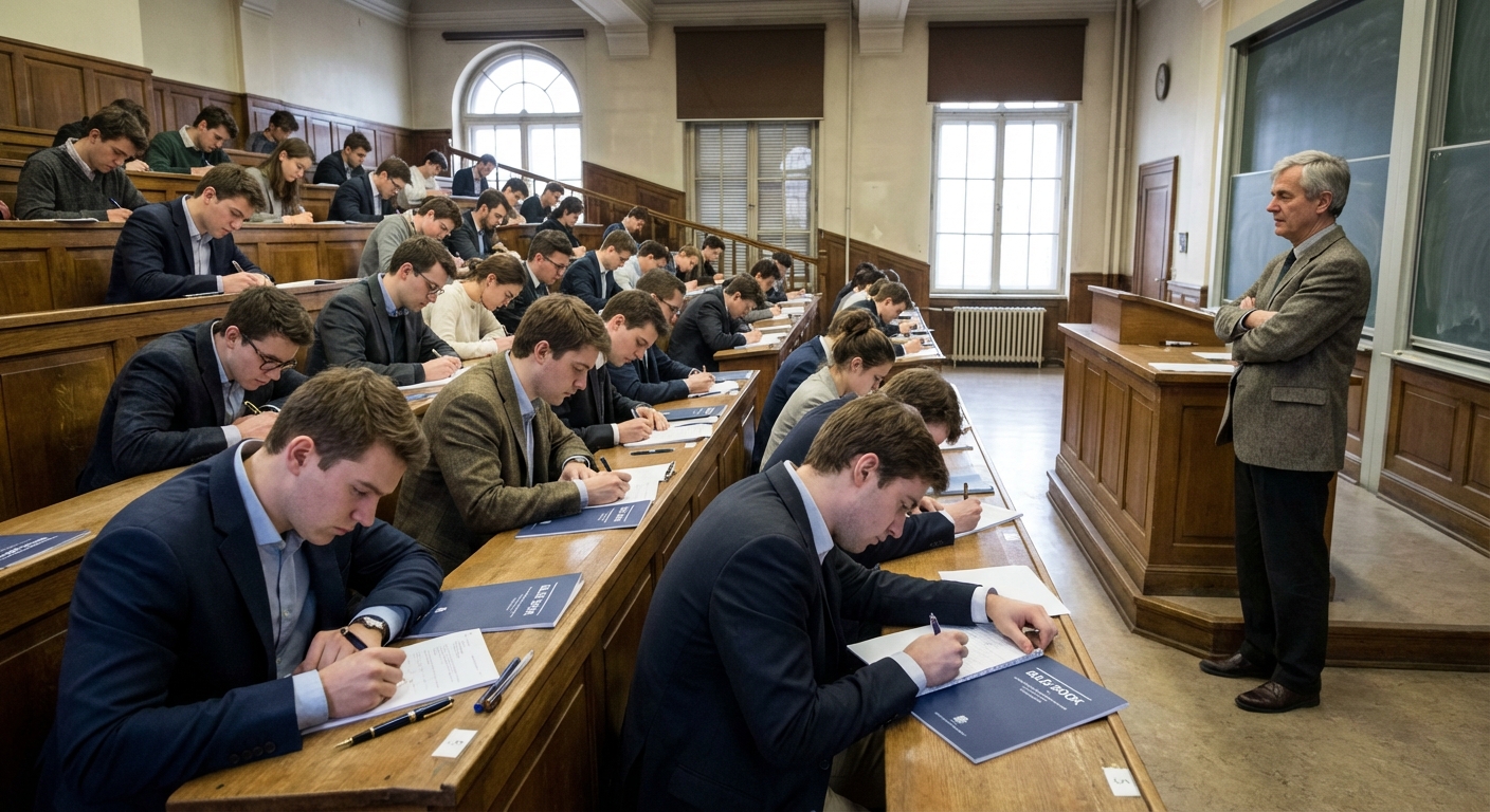 AI 생성 이미지 (models/nano-banana-pro-preview): University classroom scene, students writing in blue exam booklets with pens, no laptops or smartpho...