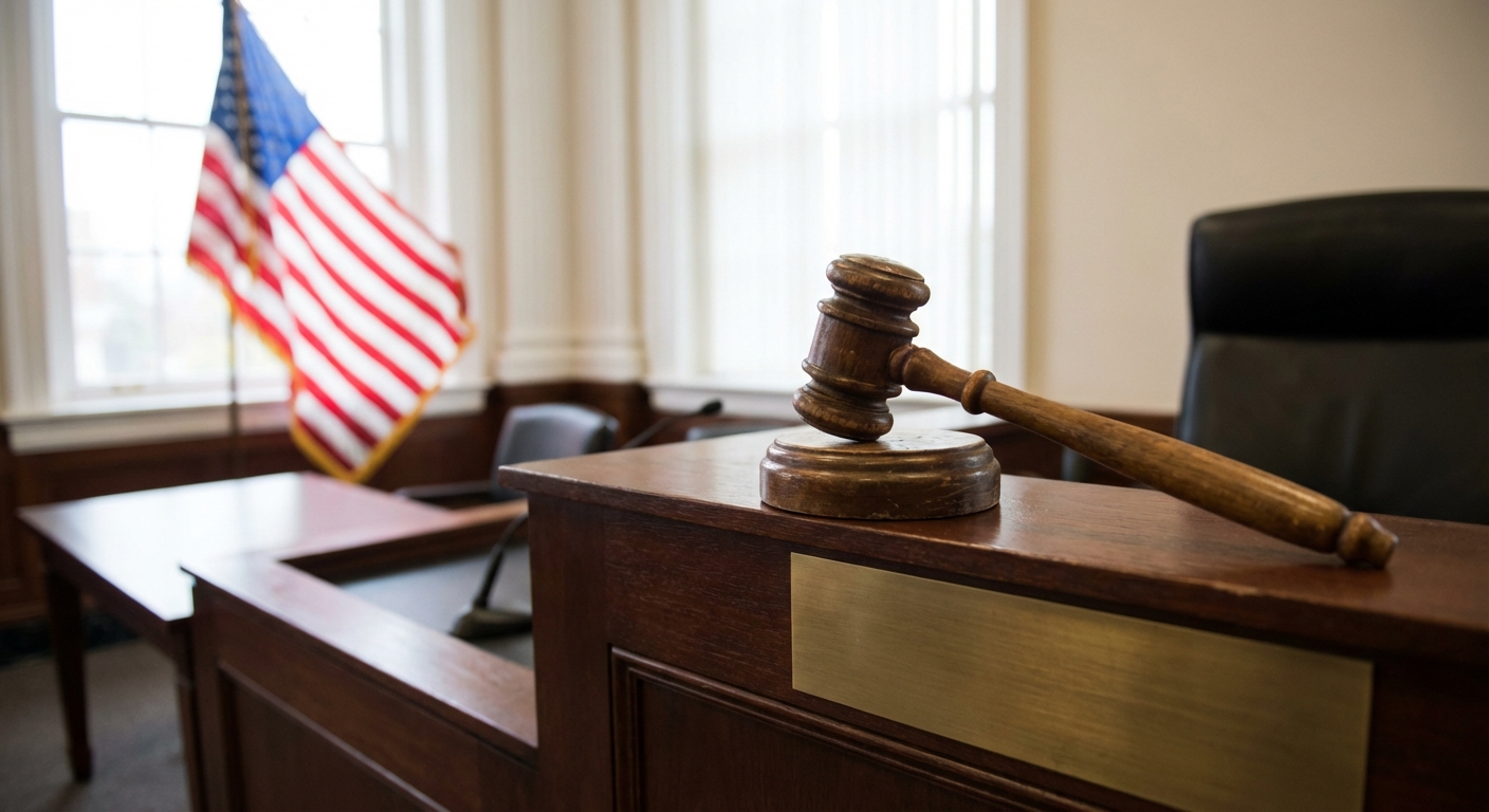 AI 생성 이미지 (models/nano-banana-pro-preview): A photo of a wooden judge's gavel on a bench in a federal courtroom, with a blurred American flag in...