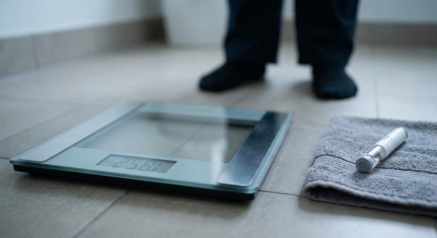 AI 생성 이미지 (models/nano-banana-pro-preview): A close-up, professional photo of a weight scale on a bathroom floor with a blurred background of a ...