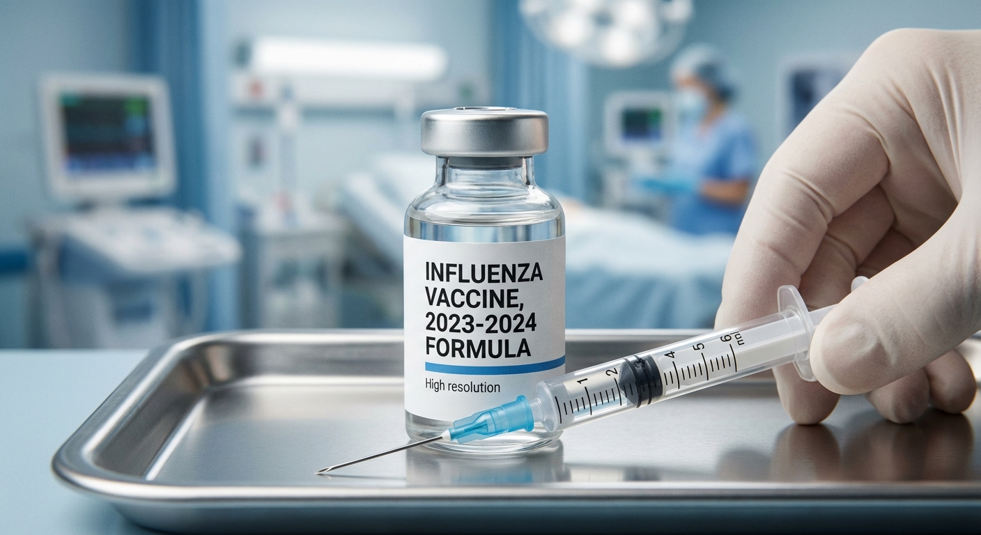 AI 생성 이미지 (models/nano-banana-pro-preview): Close-up of a flu vaccine vial and syringe in a medical setting, blurred hospital background, profes...