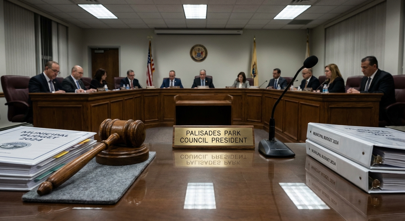 AI 생성 이미지 (models/nano-banana-pro-preview): A photo of a municipal council meeting room with a gavel, budget documents, and a nameplate saying P...
