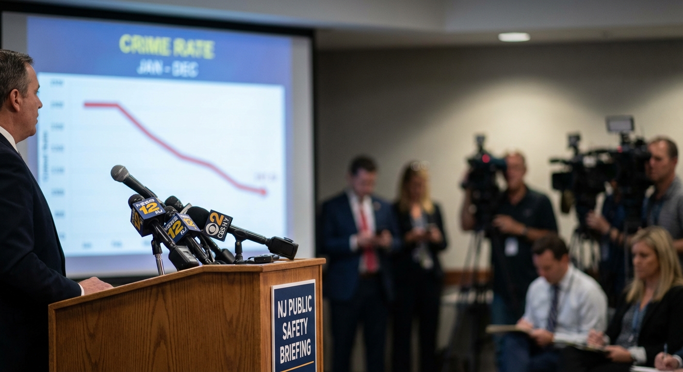 AI 생성 이미지 (models/nano-banana-pro-preview): A press conference setting with a blurred background of a graph showing a downward trend, a podium w...