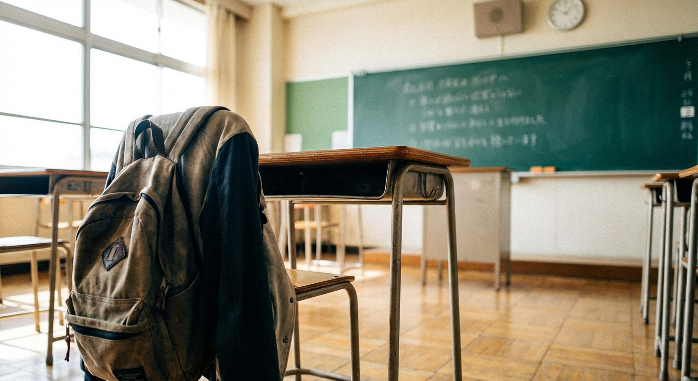 AI 생성 이미지 (models/nano-banana-pro-preview): A realistic photo of an empty student desk in a classroom with a blurred chalkboard in the backgroun...