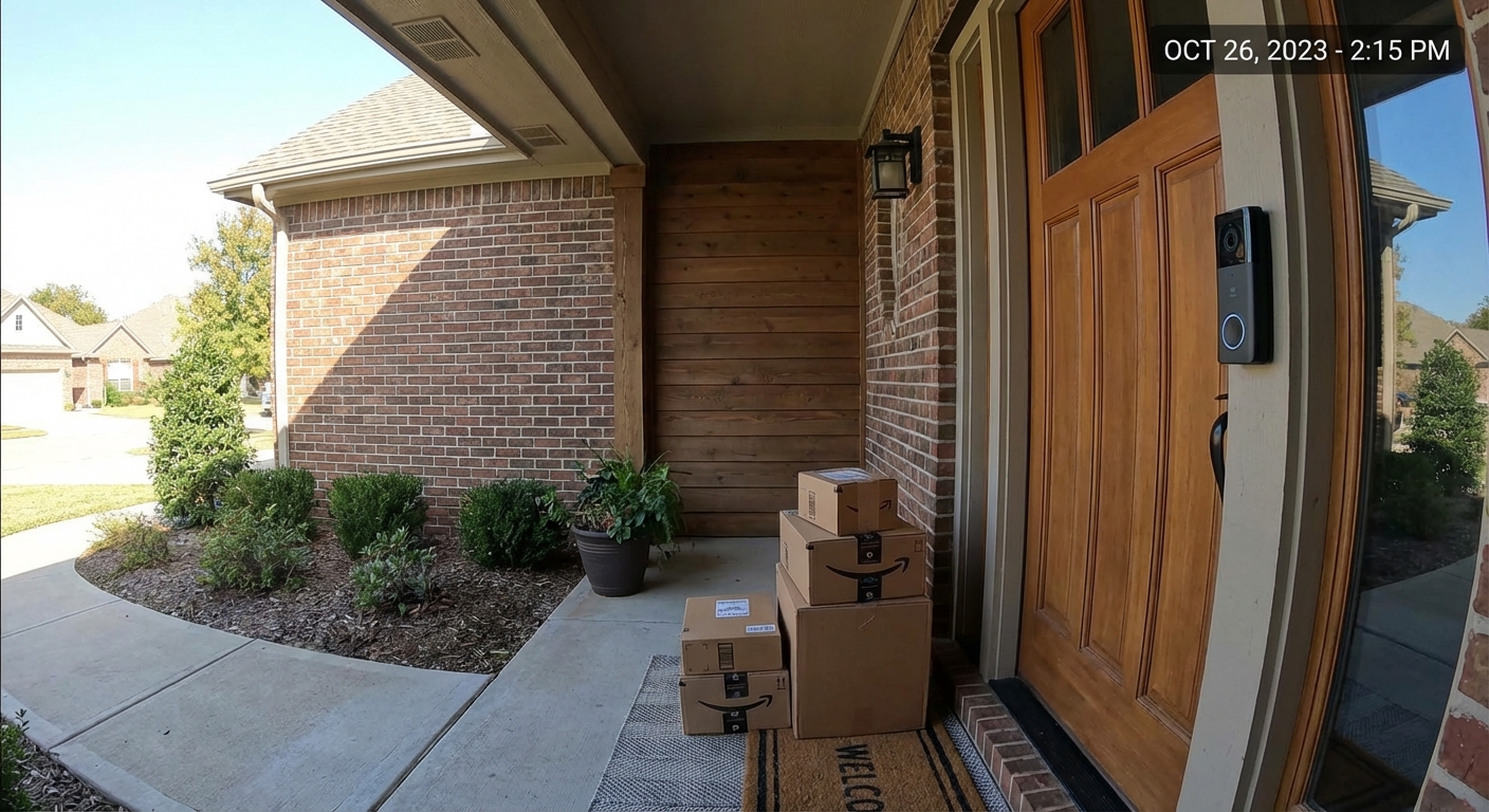 AI 생성 이미지 (models/nano-banana-pro-preview): A suburban house front door with a modern smart security camera mounted on the frame, packages on th...