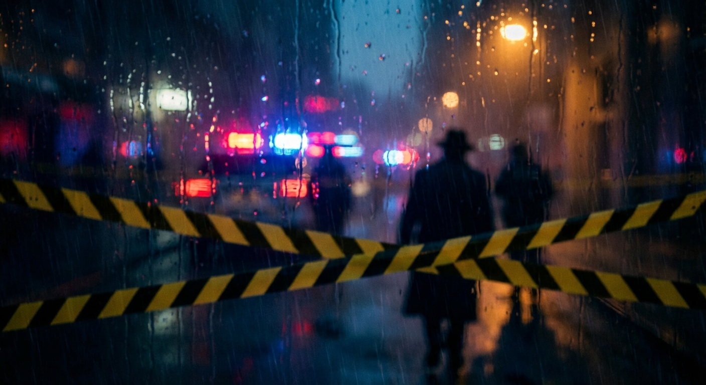 AI 생성 이미지 (models/nano-banana-pro-preview): Police tape and blurred police lights in the background, serious news atmosphere, abstract represent...