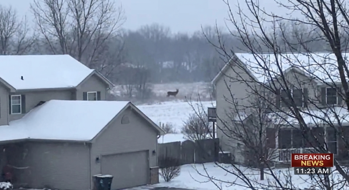 AI 생성 이미지 (models/nano-banana-pro-preview): A photo of a suburban street in winter with bare trees, focused on a blurred wild animal silhouette ...