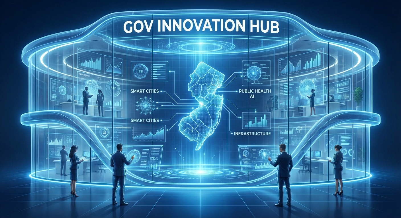 AI 생성 이미지 (models/nano-banana-pro-preview): A modern, digital concept illustration of a government innovation hub, featuring abstract data strea...
