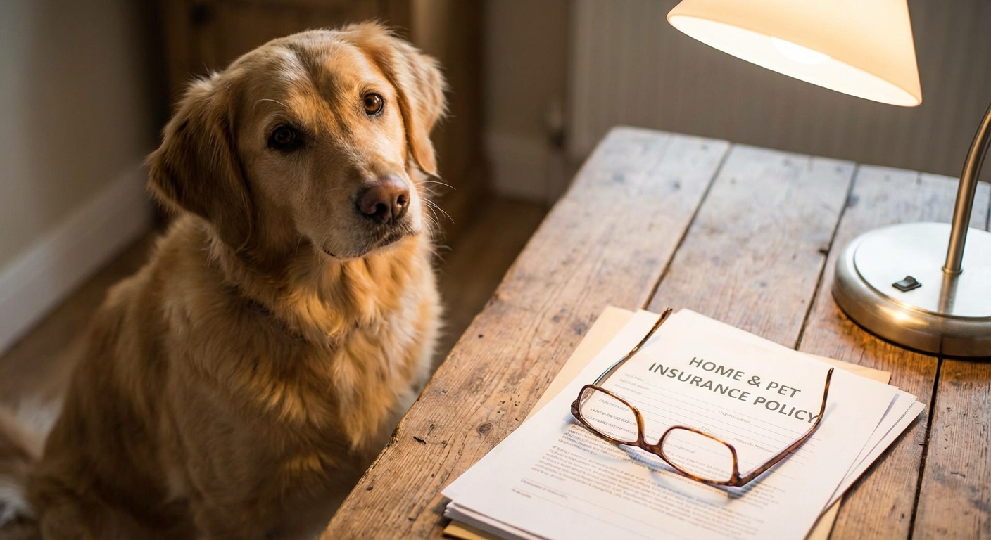 AI 생성 이미지 (models/nano-banana-pro-preview): A close-up, high-quality photo of a cute dog sitting next to insurance documents and reading glasses...