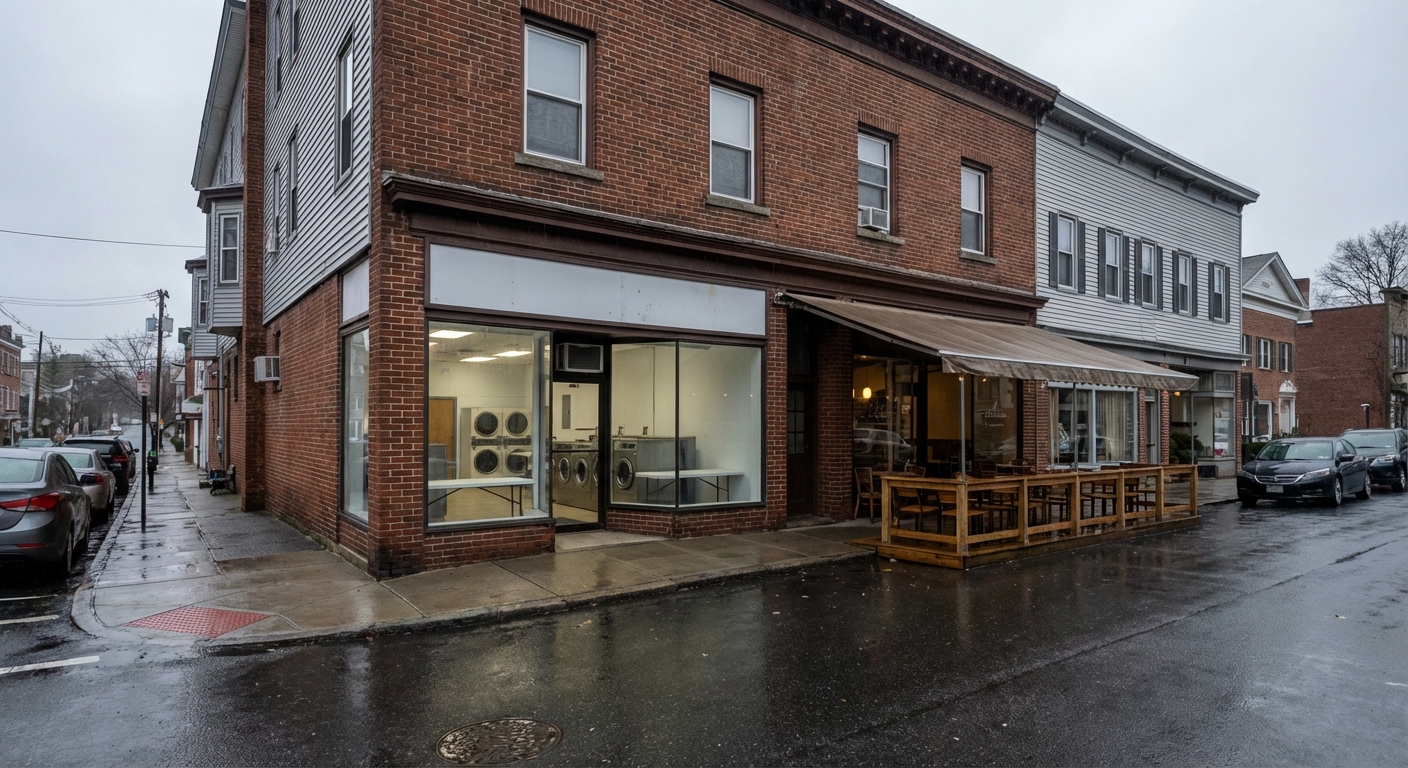 AI 생성 이미지 (models/nano-banana-pro-preview): Exterior view of a quiet laundromat and restaurant on a street in Morristown, New Jersey, overcast d...