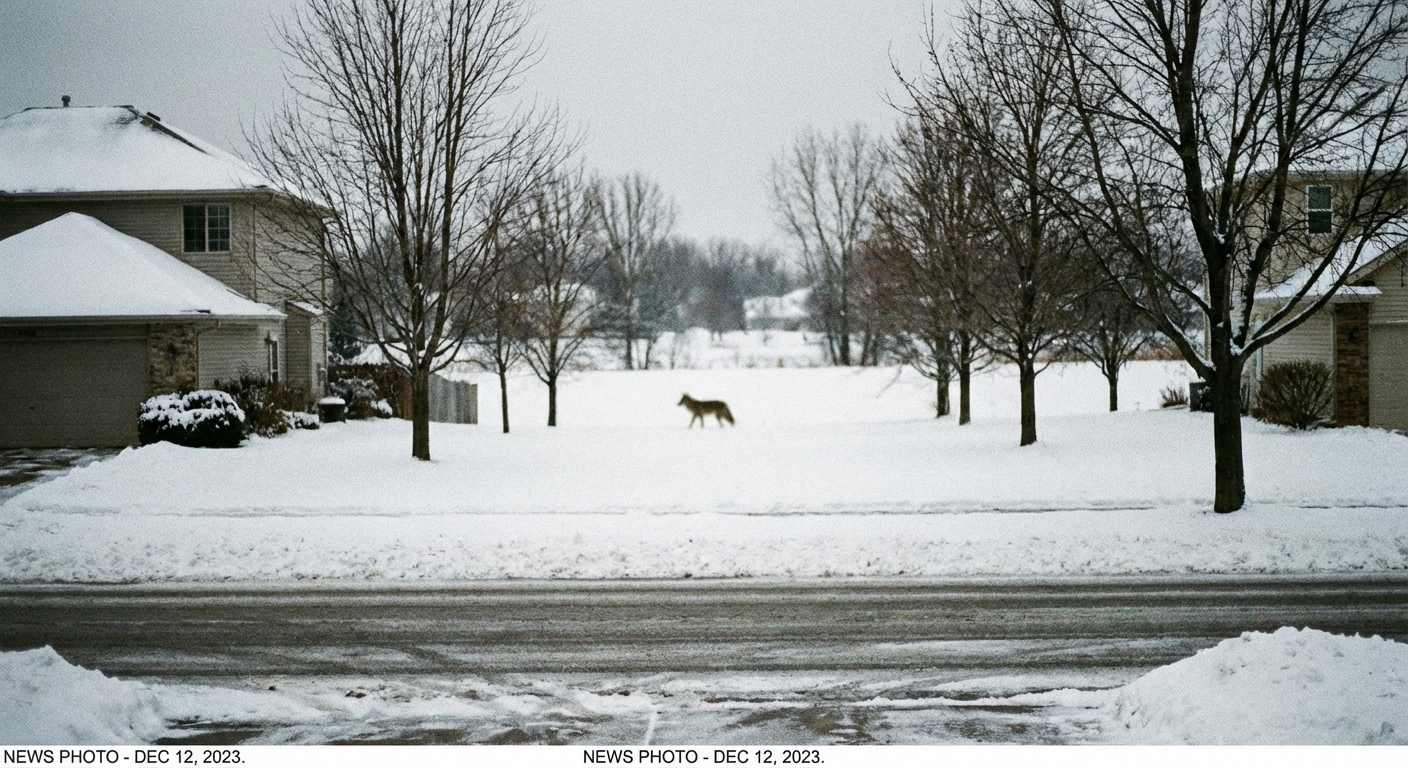 AI 생성 이미지 (gemini-3-pro-image-preview): 코요테, A photo of a suburban street in winter with bare trees, focused on a blurred wild animal silhou...