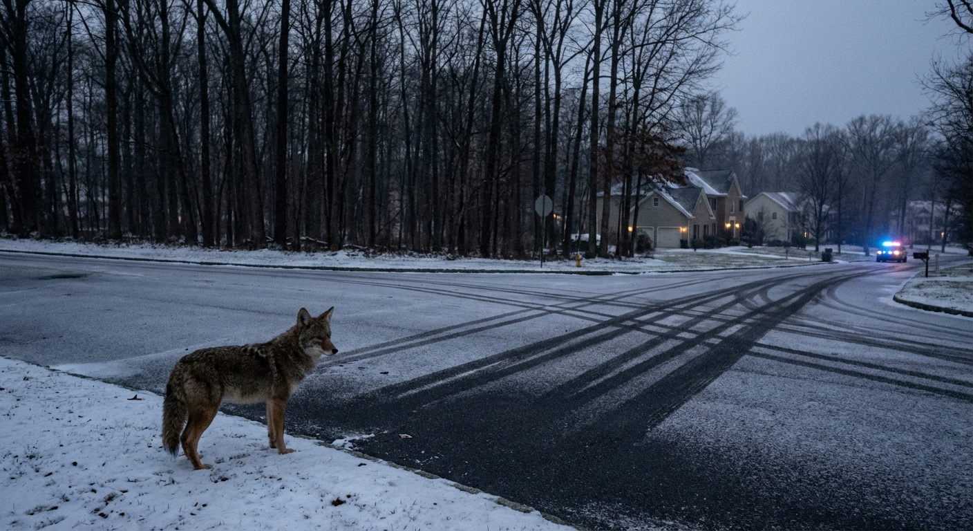 AI 생성 이미지 (gemini-3-pro-image-preview): A photojournalistic image of coyote with quiet suburban street in Saddle River, New Jersey, borderin...