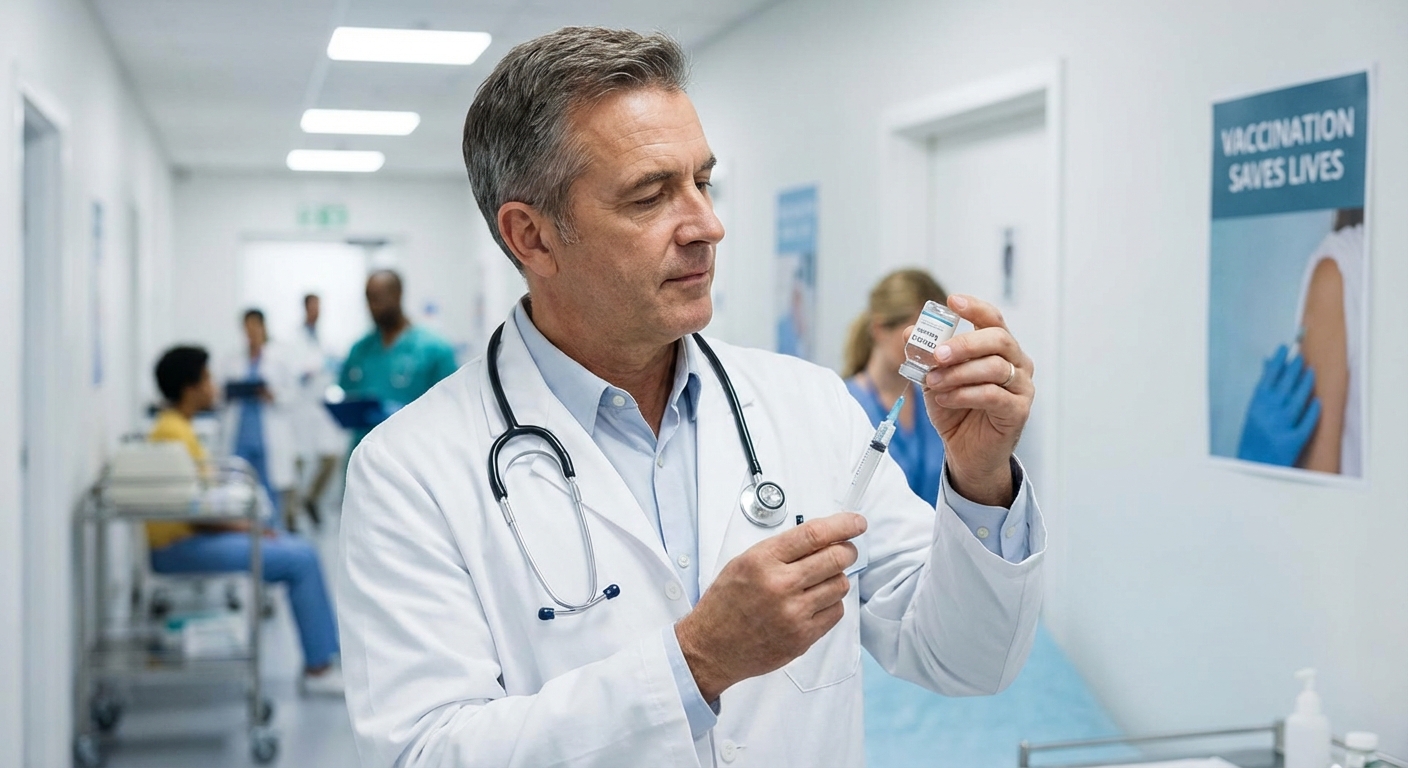 AI 생성 이미지 (models/nano-banana-pro-preview): A photo of a doctor holding a vaccine vial in a medical setting, with a blurred background of a clin...