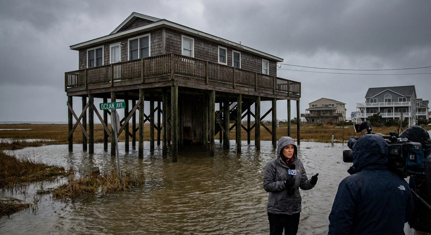 AI 생성 이미지 (models/gemini-3-pro-image-preview): A photo of a coastal house in New Jersey elevated on stilts due to flood regulations, with flood wat...