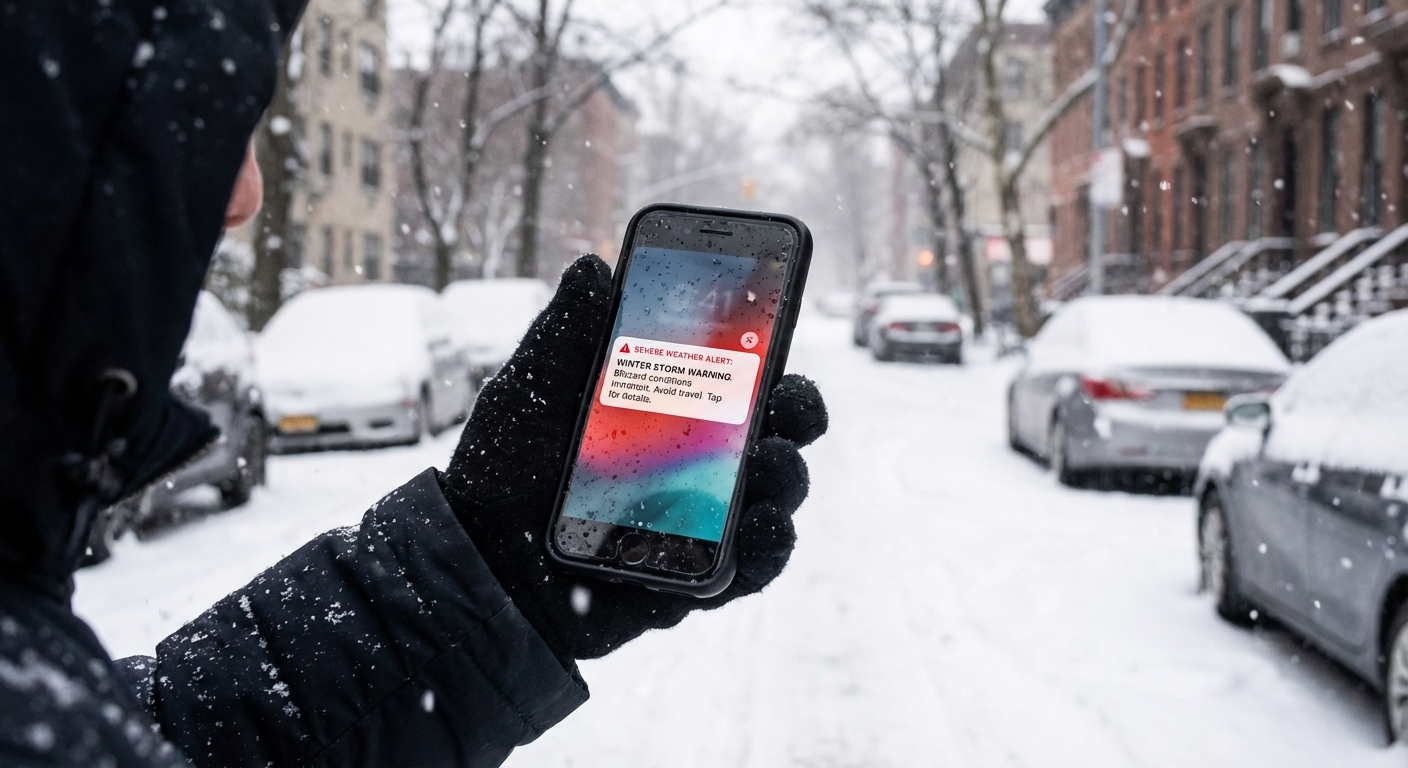 AI 생성 이미지 (models/gemini-3-pro-image-preview): A smartphone displaying a severe weather alert notification with a snowy winter street background, r...